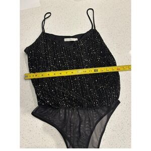Lush Black Pleated Star Foil Bodysuit Large Spaghetti Strap Mesh Thong Back